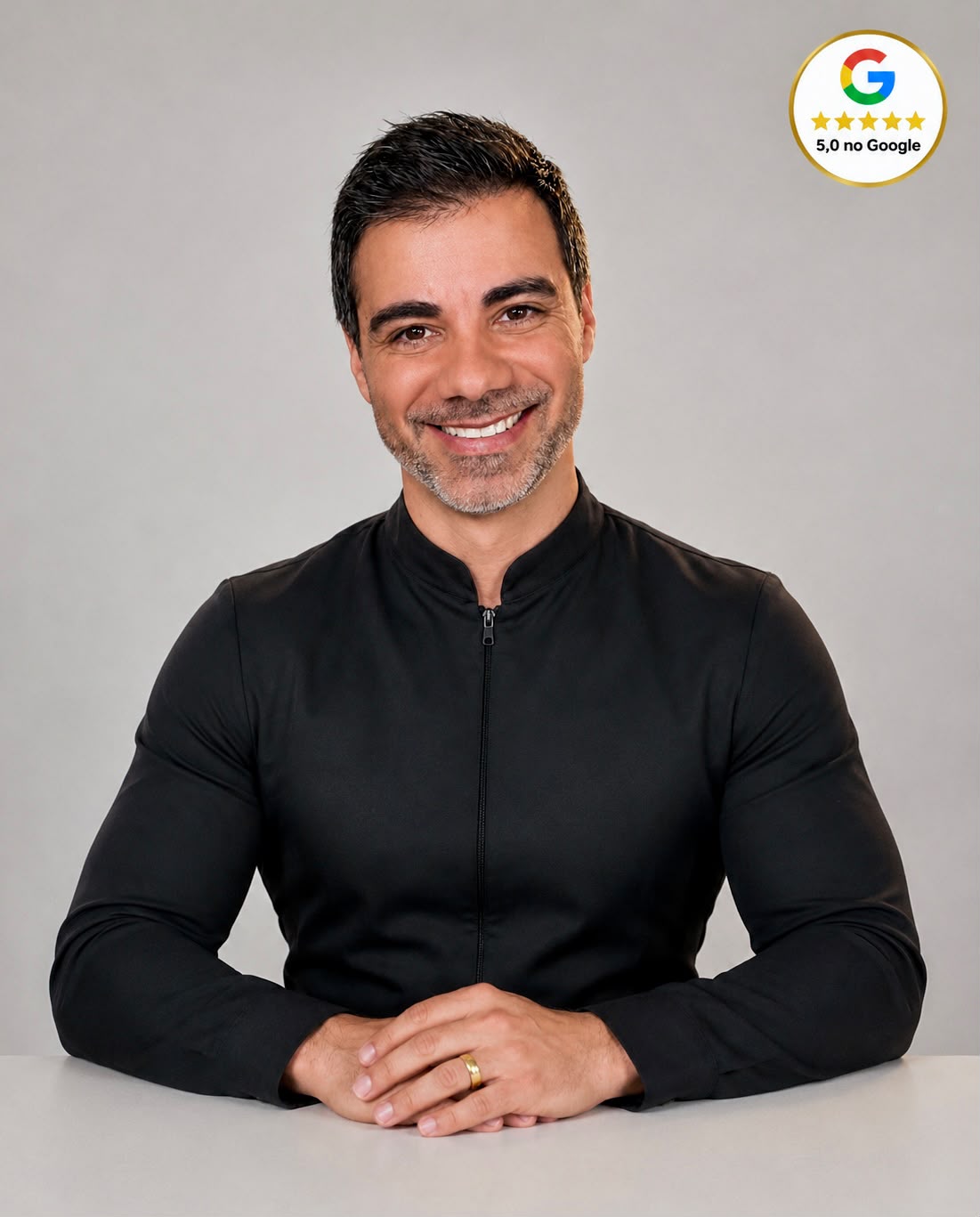 Dr. Ciro Capitani, periodontista em Santos, com jaleco escuro e sorriso acolhedor, ao lado de um selo dourado de avaliação 5 estrelas no Google, fundo clínico em tons claros, iluminação suave e profissional, fotografia realista de alta qualidade