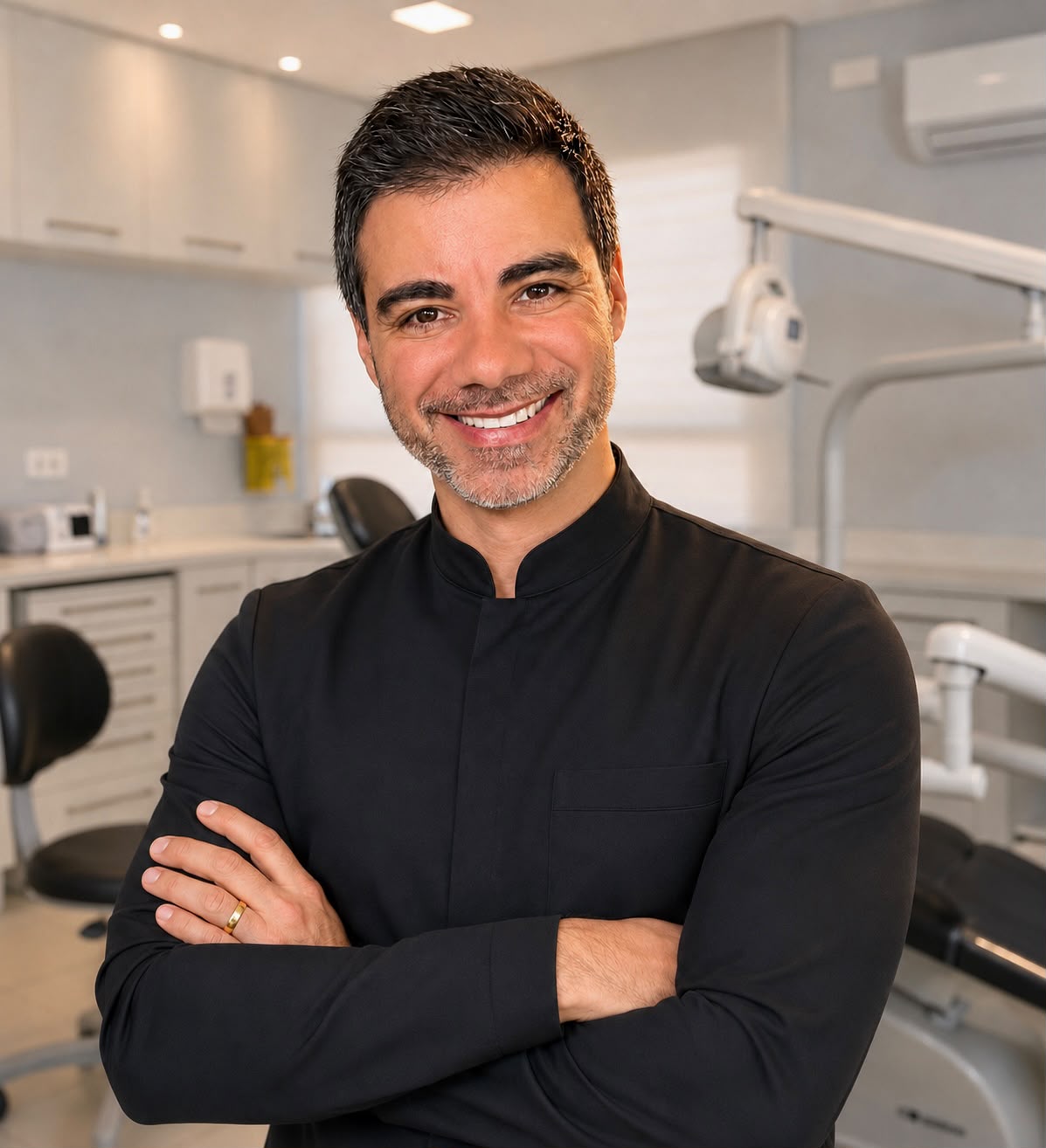 Retrato profissional do Dr. Ciro Capitani, cirurgião-dentista e periodontista em Santos, com jaleco branco em consultório odontológico moderno, iluminação suave em tons neutros, fotografia realista
