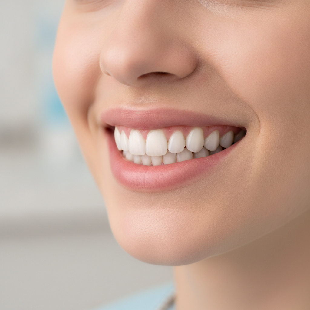 Close-up de um sorriso feminino harmônico após gengivoplastia, com contorno gengival simétrico e dentes proporcionais, gengiva rosada e saudável, fundo clínico desfocado em tons claros, iluminação suave e profissional, fotografia odontológica ultra-realista